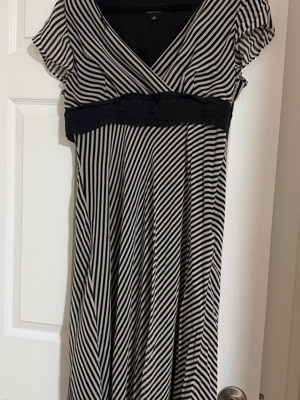 Adrianna Papell Black and White Striped V-Neck Empire Dress